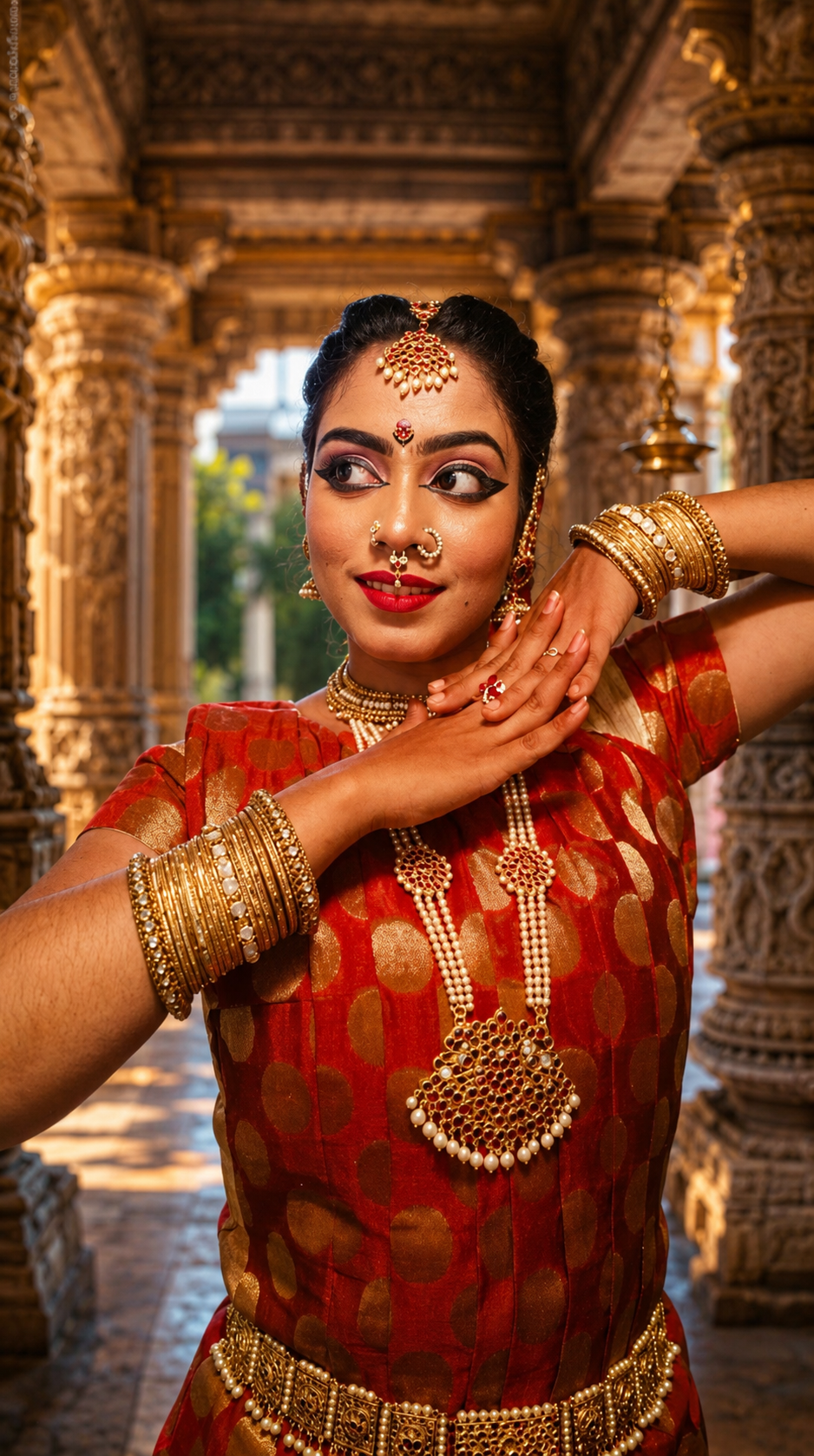 Bharatanatyam in temple corridor